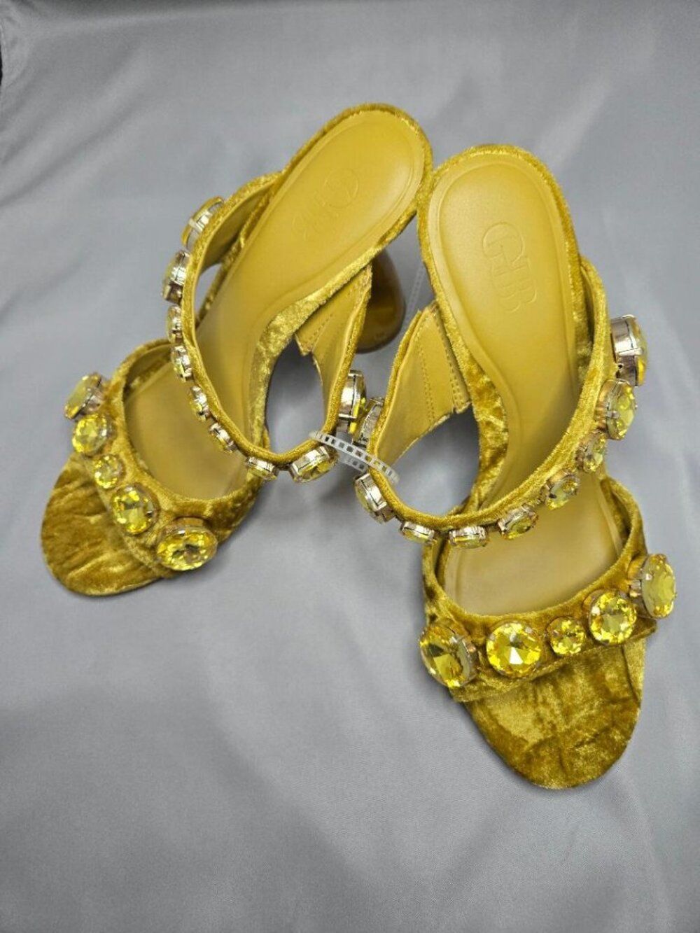 Gianni Bini Gold Velvet Rhinestone Strappy Cone Heel Sandals. NWOB Size 7.5